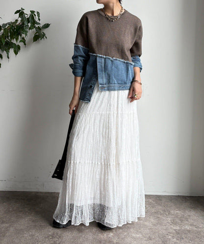 牛仔拼接針織套頭衫