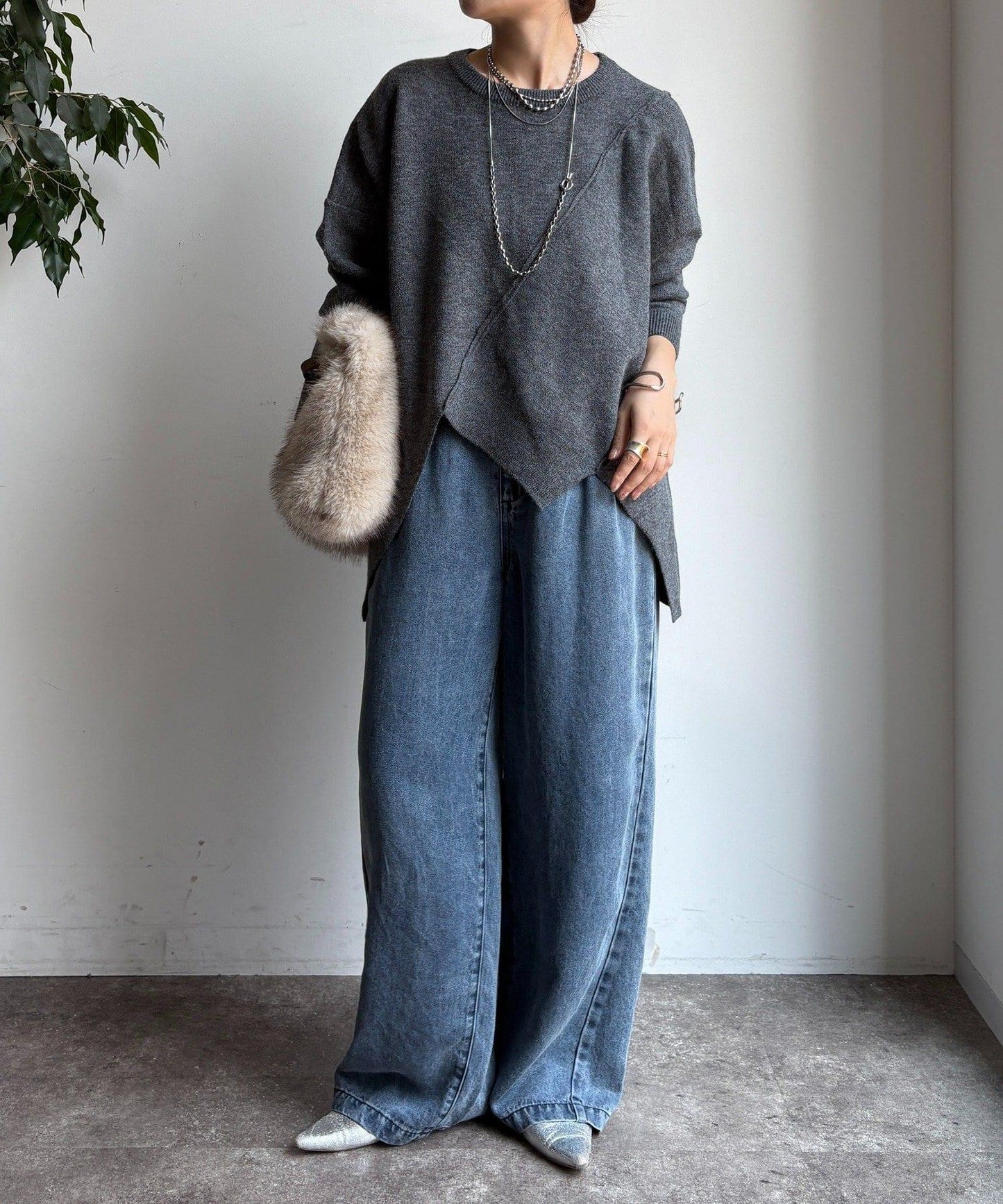 拼接不對稱蝙蝠袖針織衫