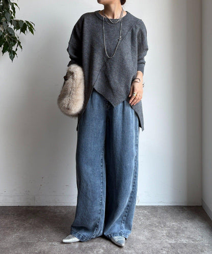 拼接不對稱蝙蝠袖針織衫