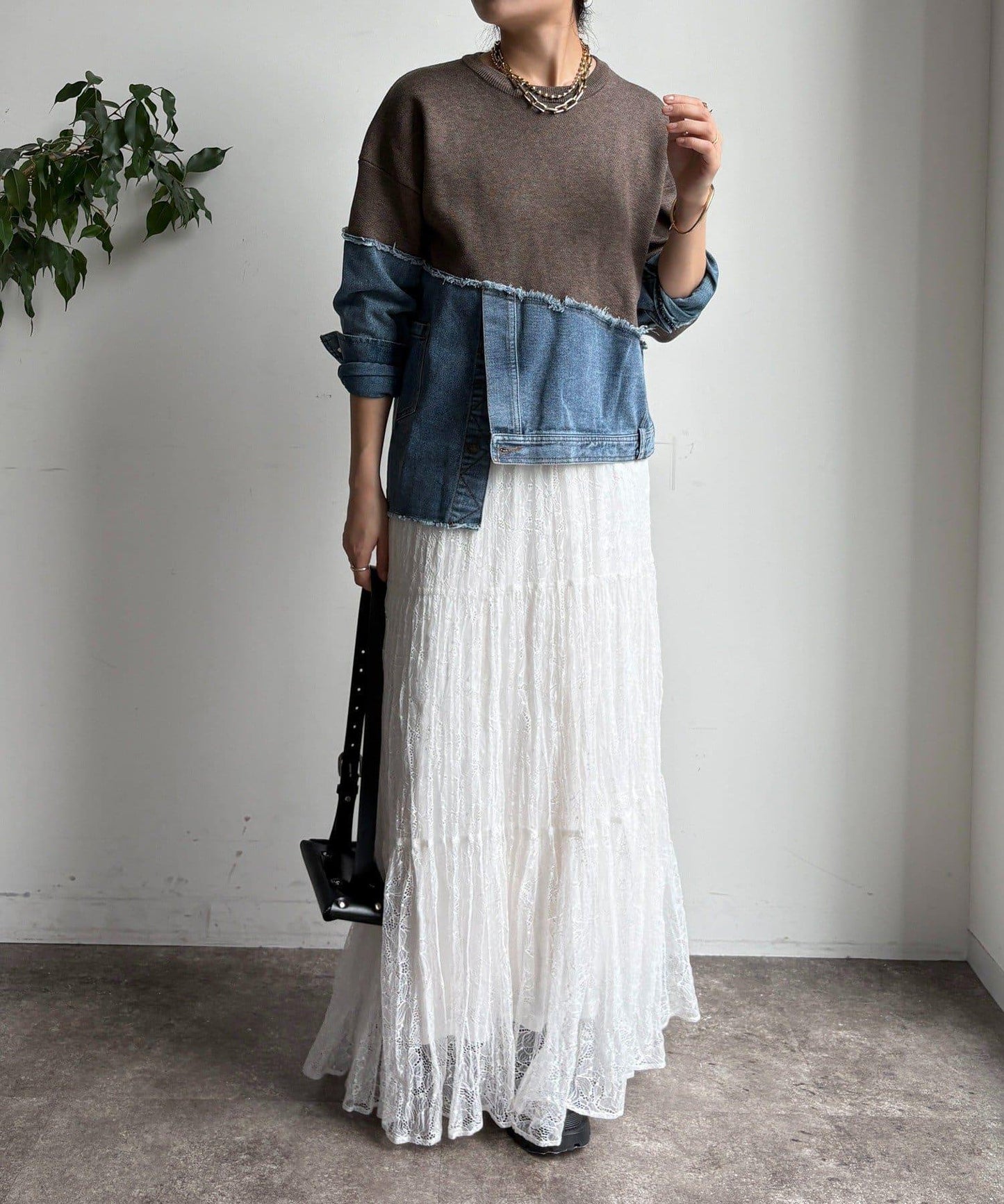 牛仔拼接針織套頭衫