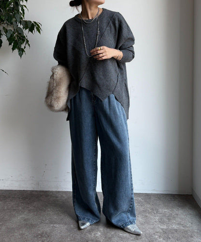 拼接不對稱蝙蝠袖針織衫