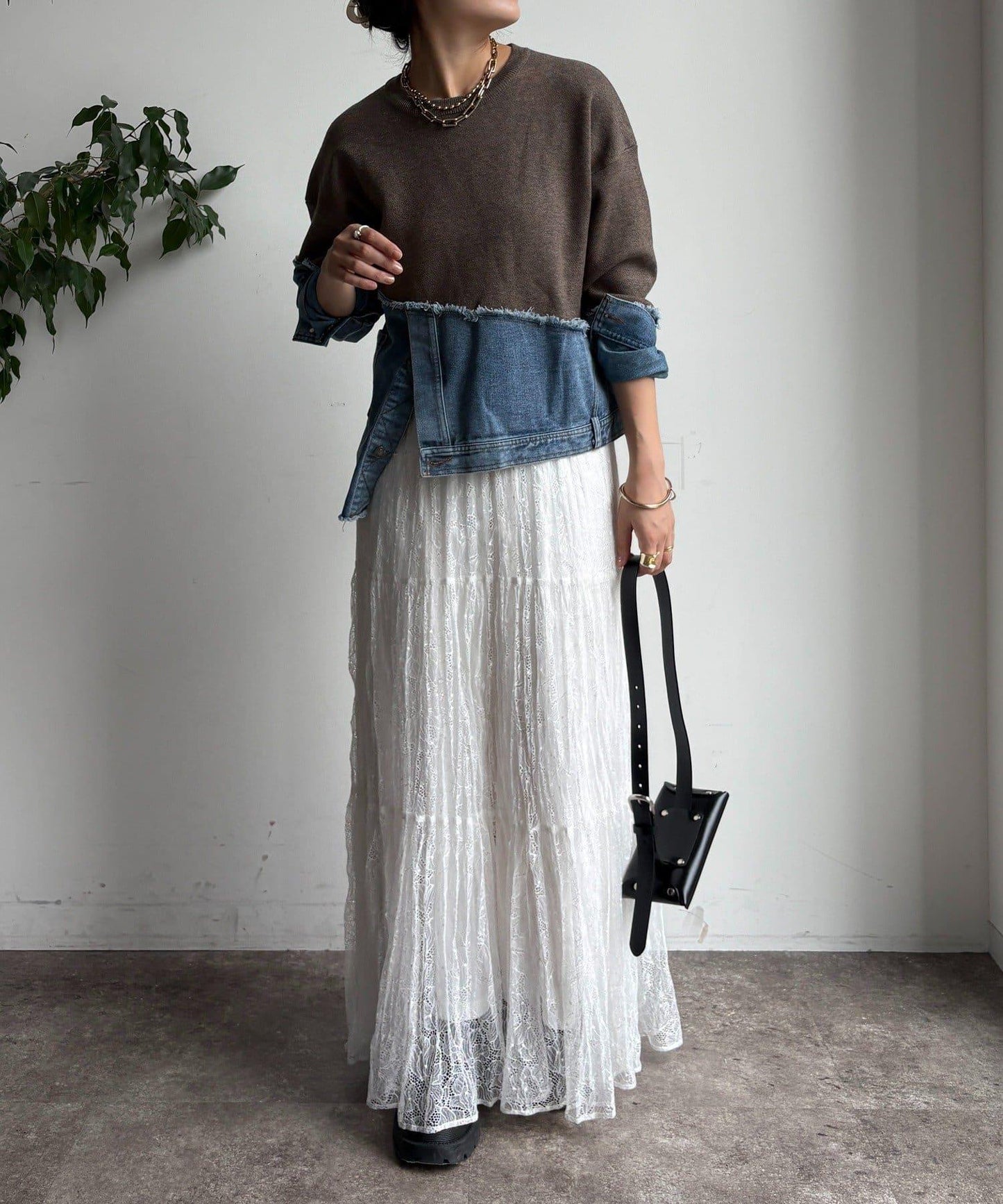 牛仔拼接針織套頭衫