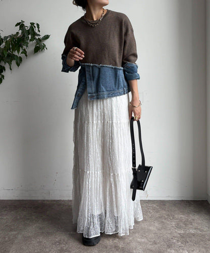 牛仔拼接針織套頭衫