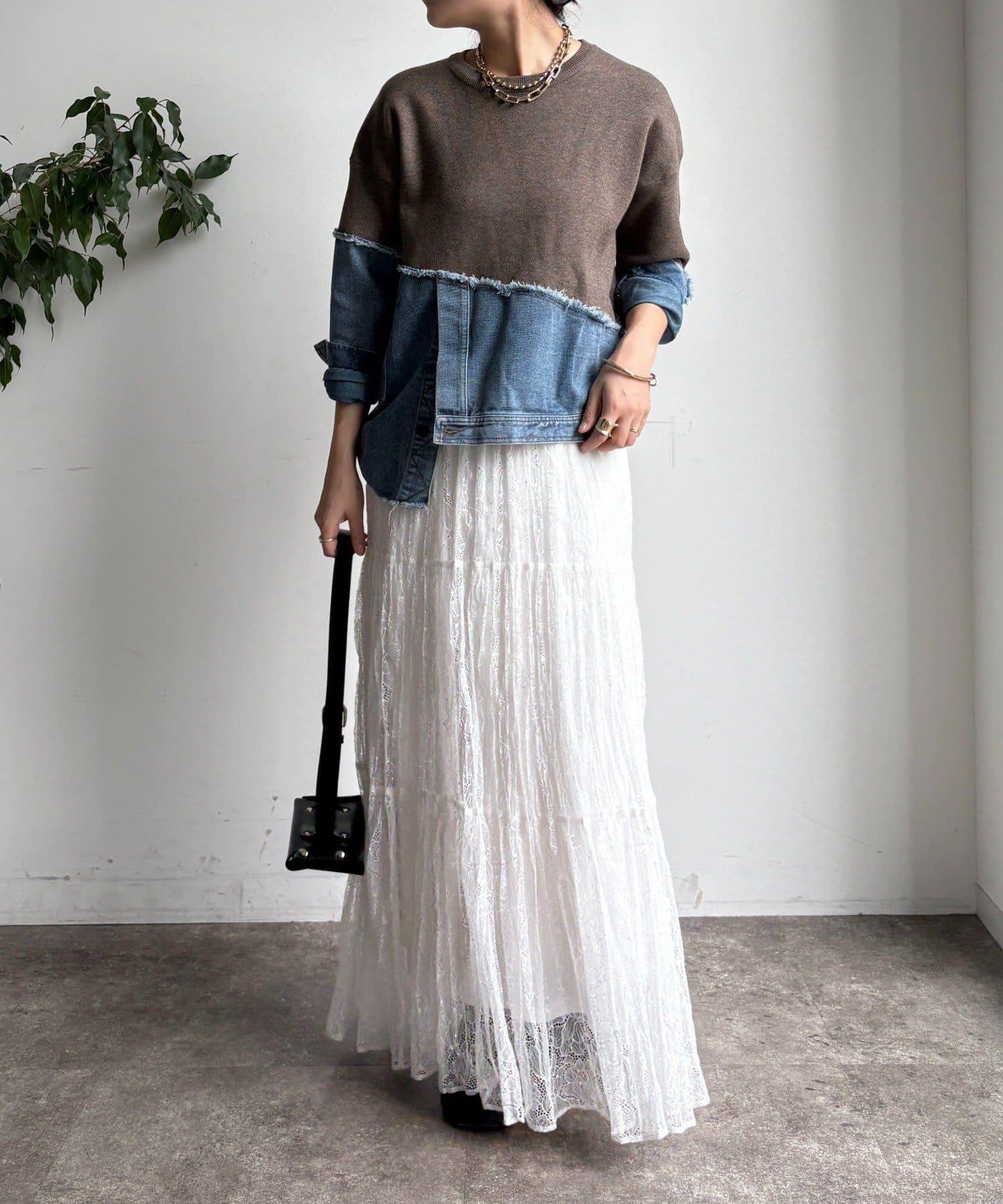 牛仔拼接針織套頭衫