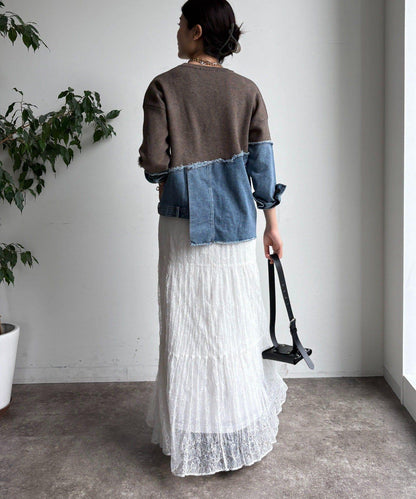 牛仔拼接針織套頭衫