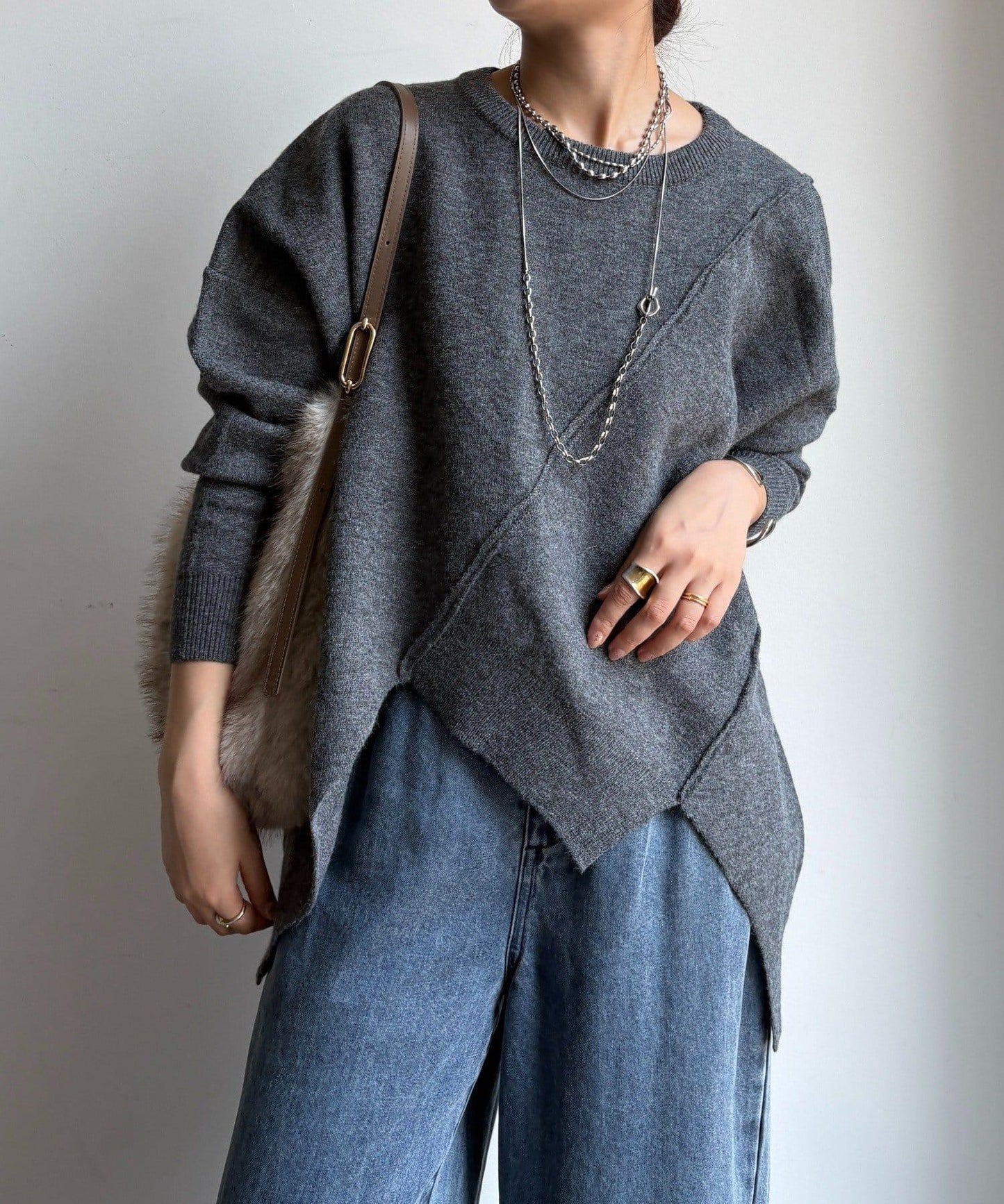 拼接不對稱蝙蝠袖針織衫