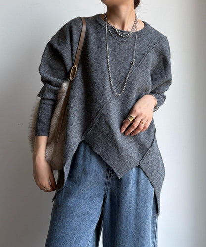 拼接不對稱蝙蝠袖針織衫