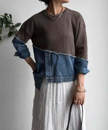 牛仔拼接針織套頭衫