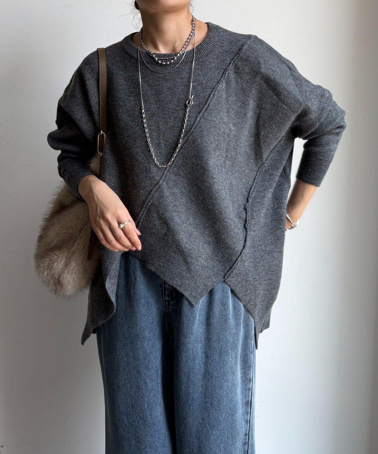 拼接不對稱蝙蝠袖針織衫