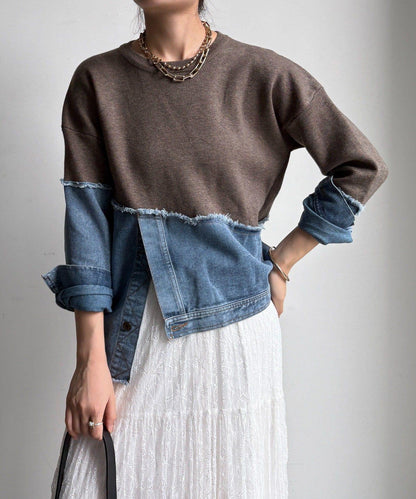 牛仔拼接針織套頭衫