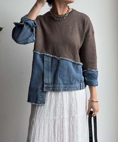 牛仔拼接針織套頭衫