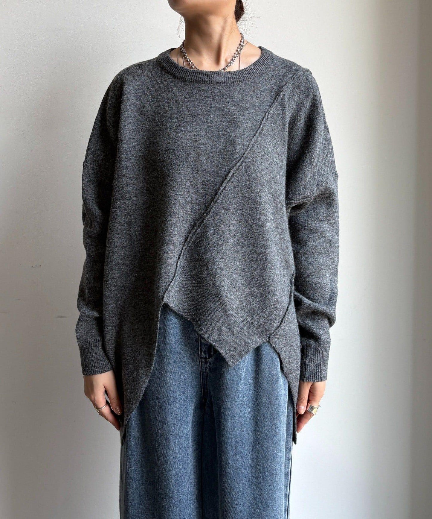 拼接不對稱蝙蝠袖針織衫