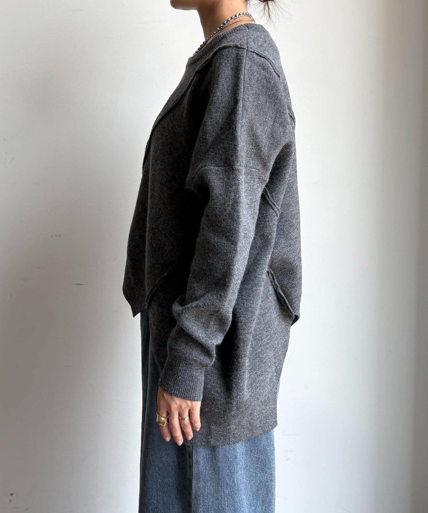 拼接不對稱蝙蝠袖針織衫