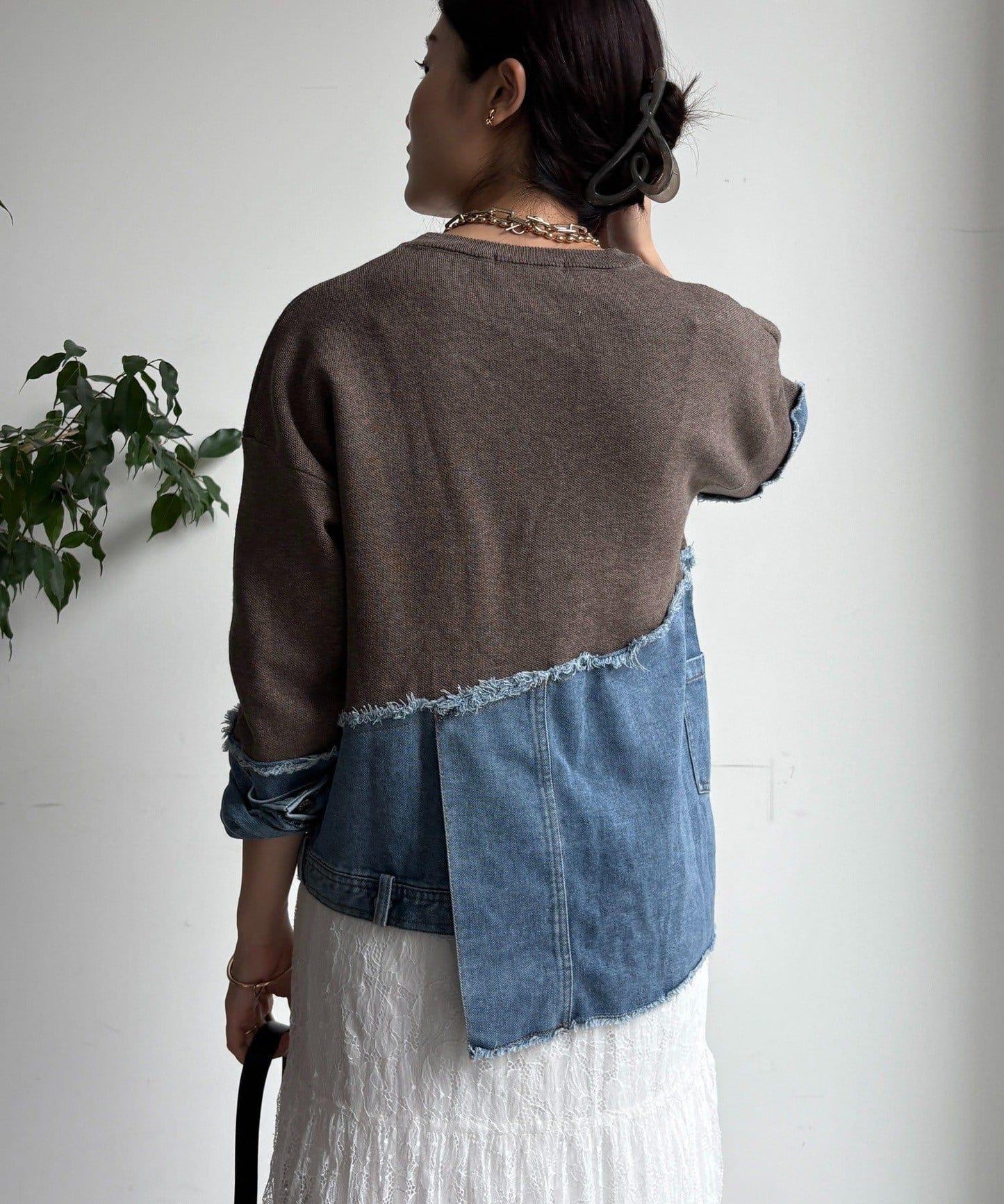 牛仔拼接針織套頭衫