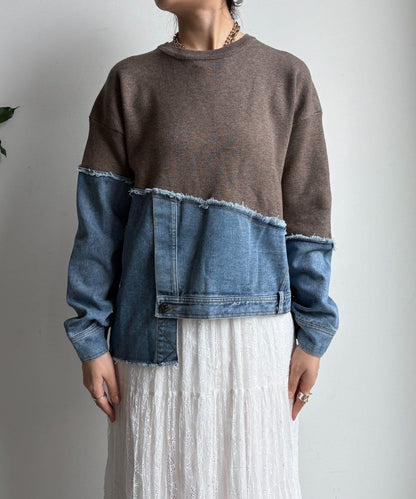 牛仔拼接針織套頭衫