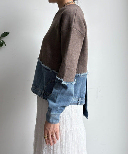 牛仔拼接針織套頭衫