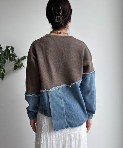 牛仔拼接針織套頭衫
