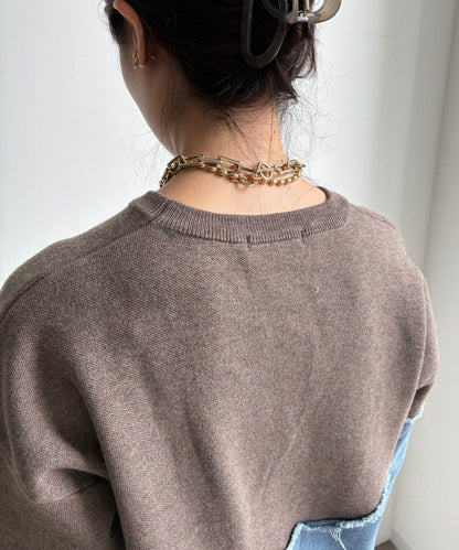 牛仔拼接針織套頭衫