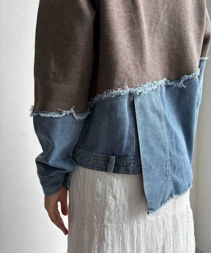 牛仔拼接針織套頭衫