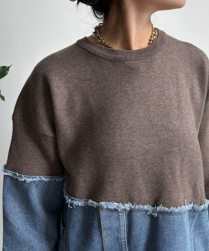 牛仔拼接針織套頭衫