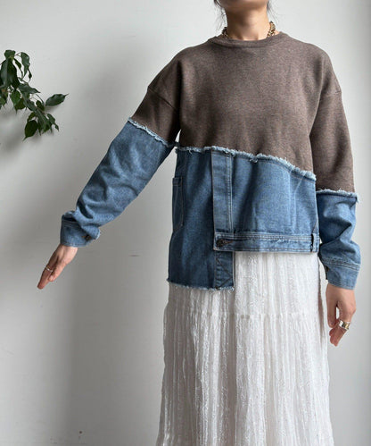 牛仔拼接針織套頭衫