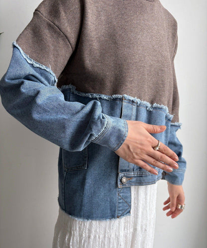 牛仔拼接針織套頭衫