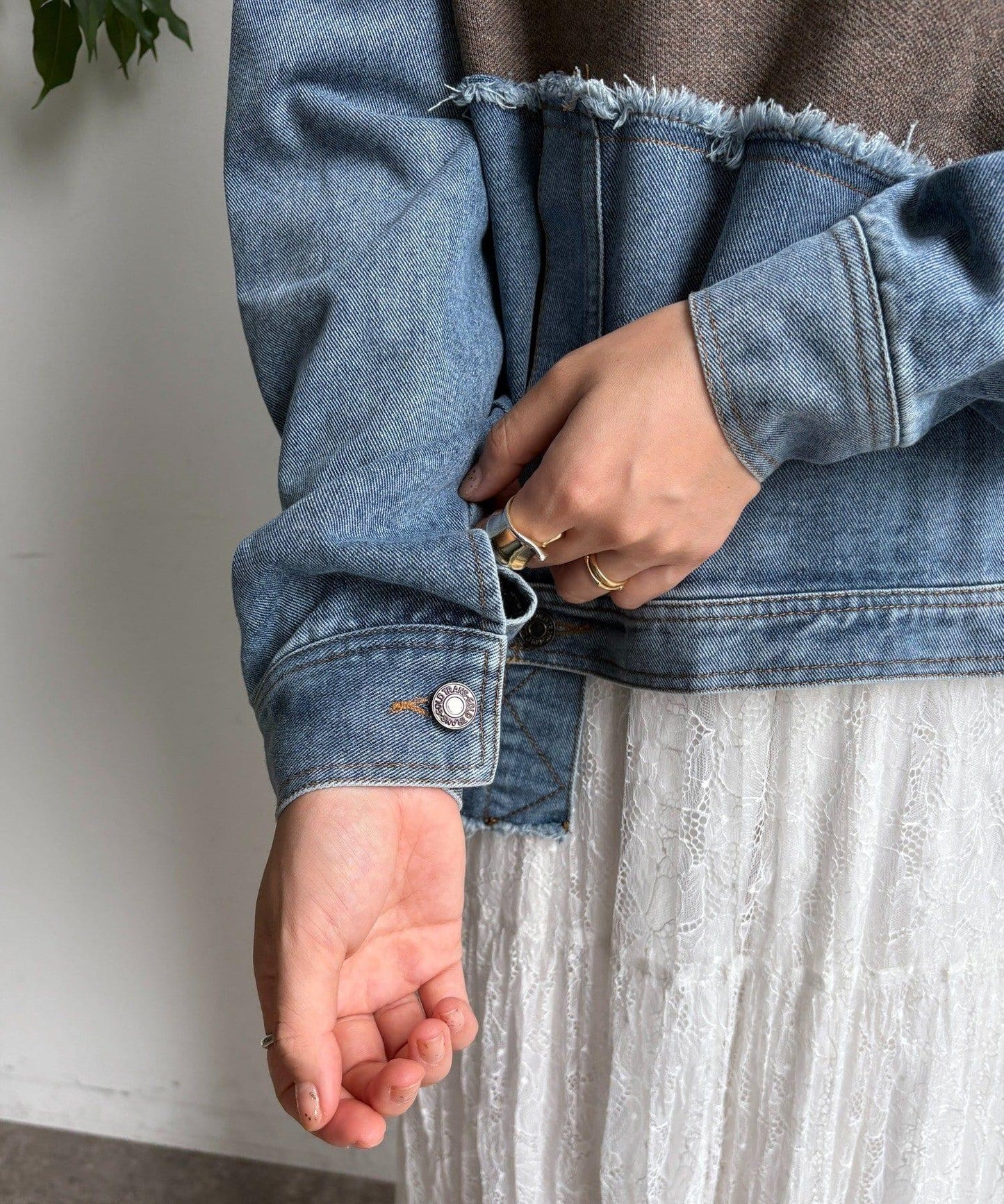 牛仔拼接針織套頭衫