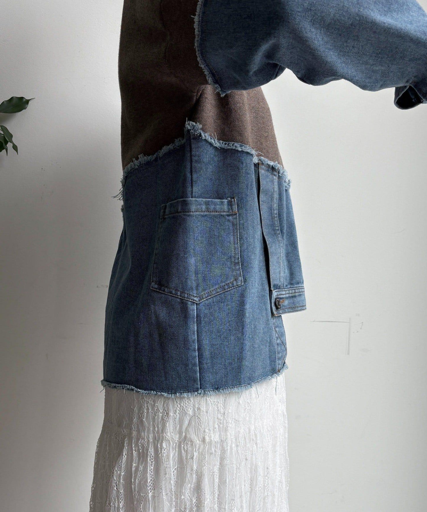 牛仔拼接針織套頭衫