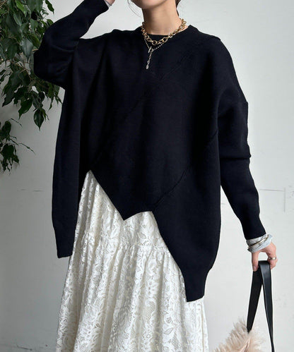 拼接不對稱蝙蝠袖針織衫