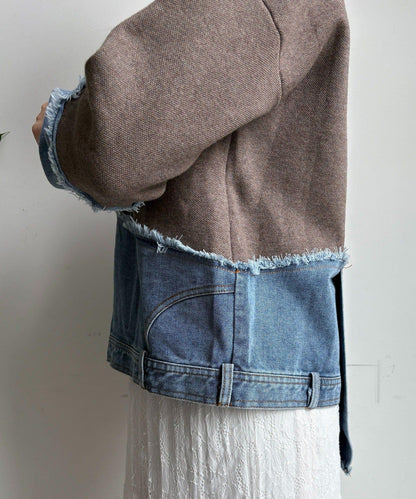 牛仔拼接針織套頭衫