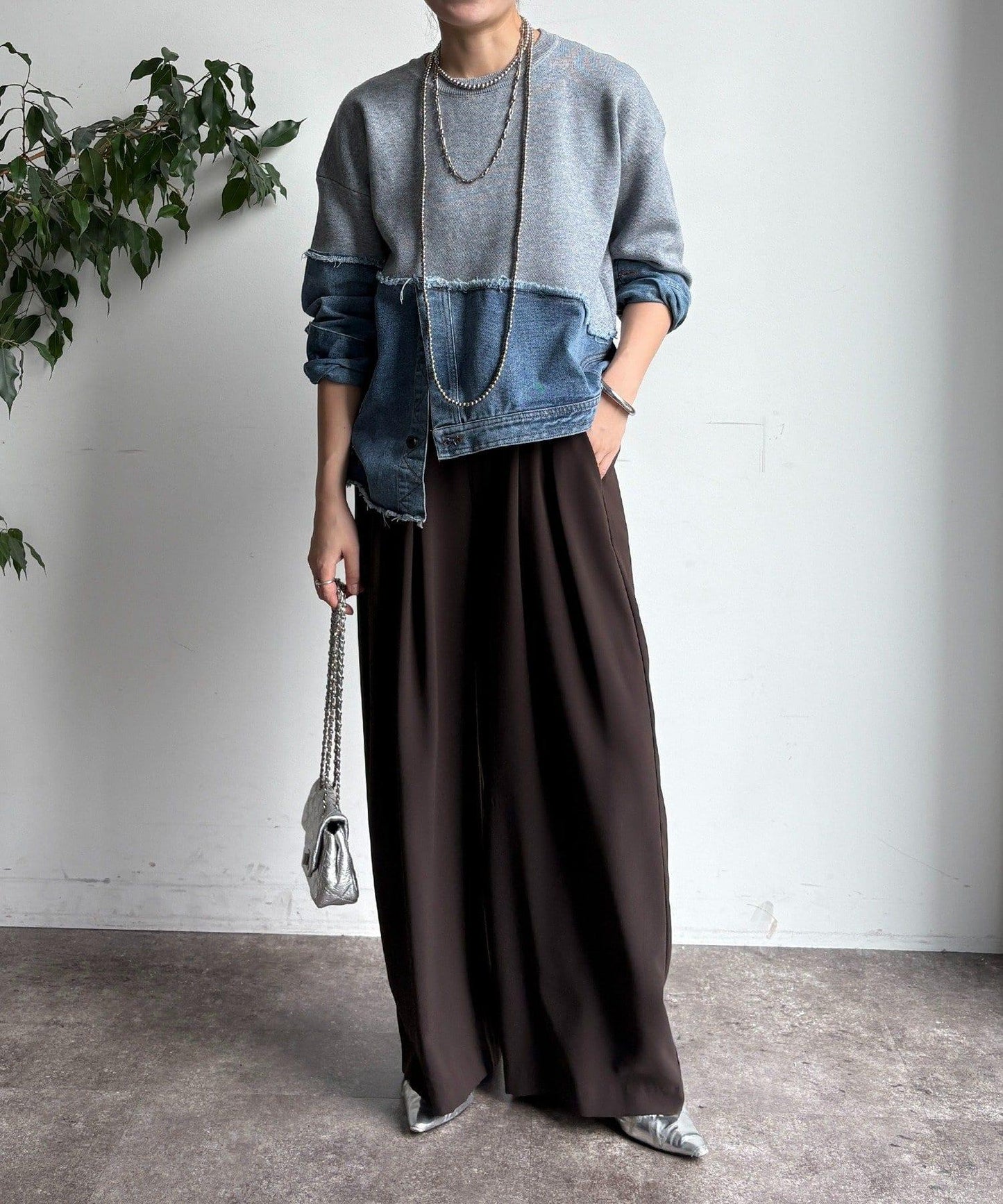 牛仔拼接針織套頭衫