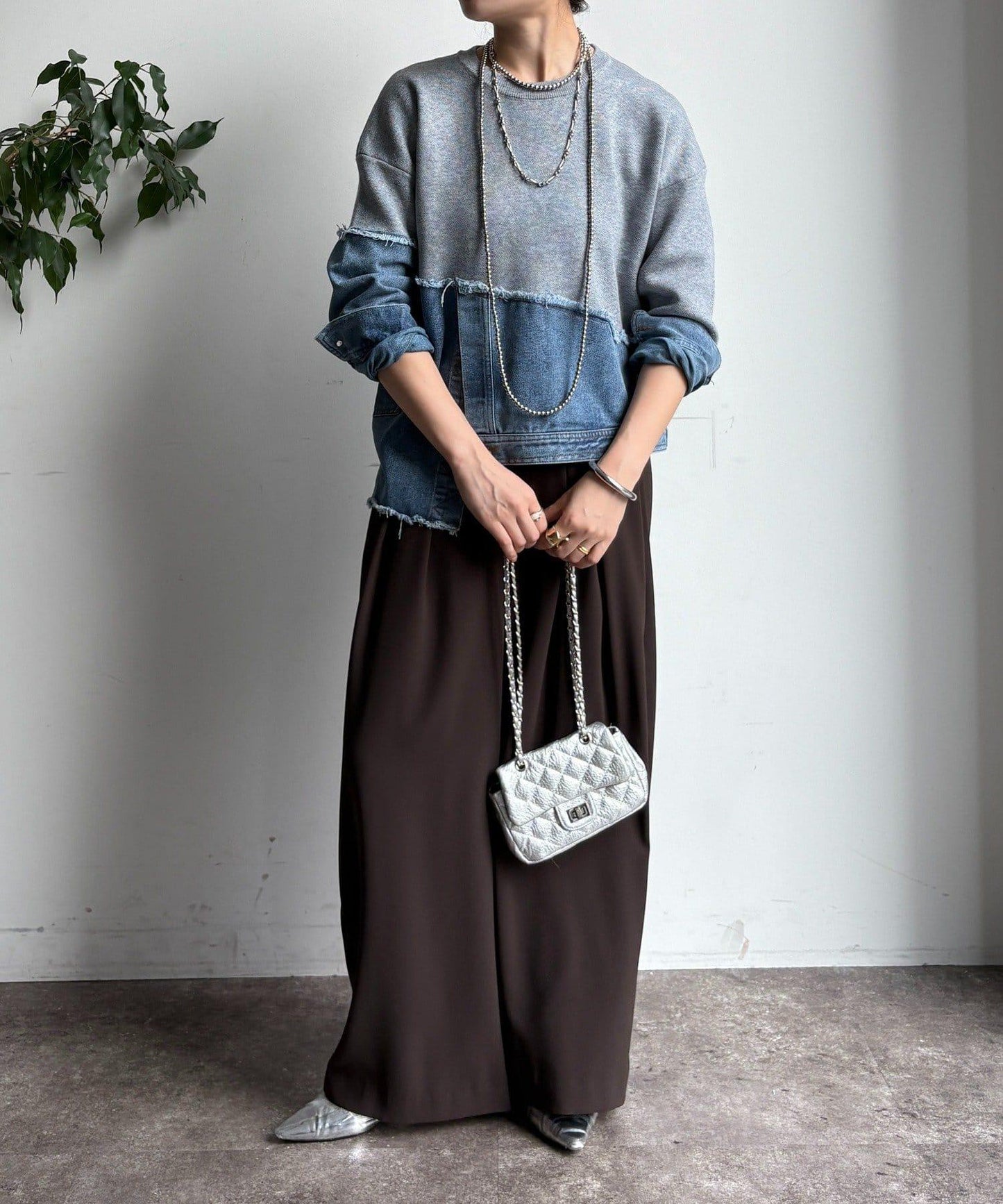 牛仔拼接針織套頭衫