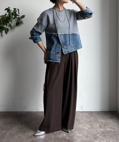 牛仔拼接針織套頭衫