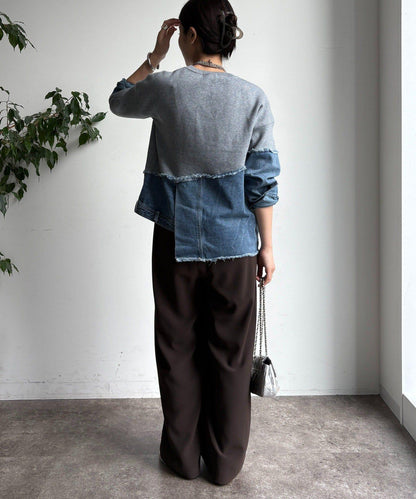 牛仔拼接針織套頭衫