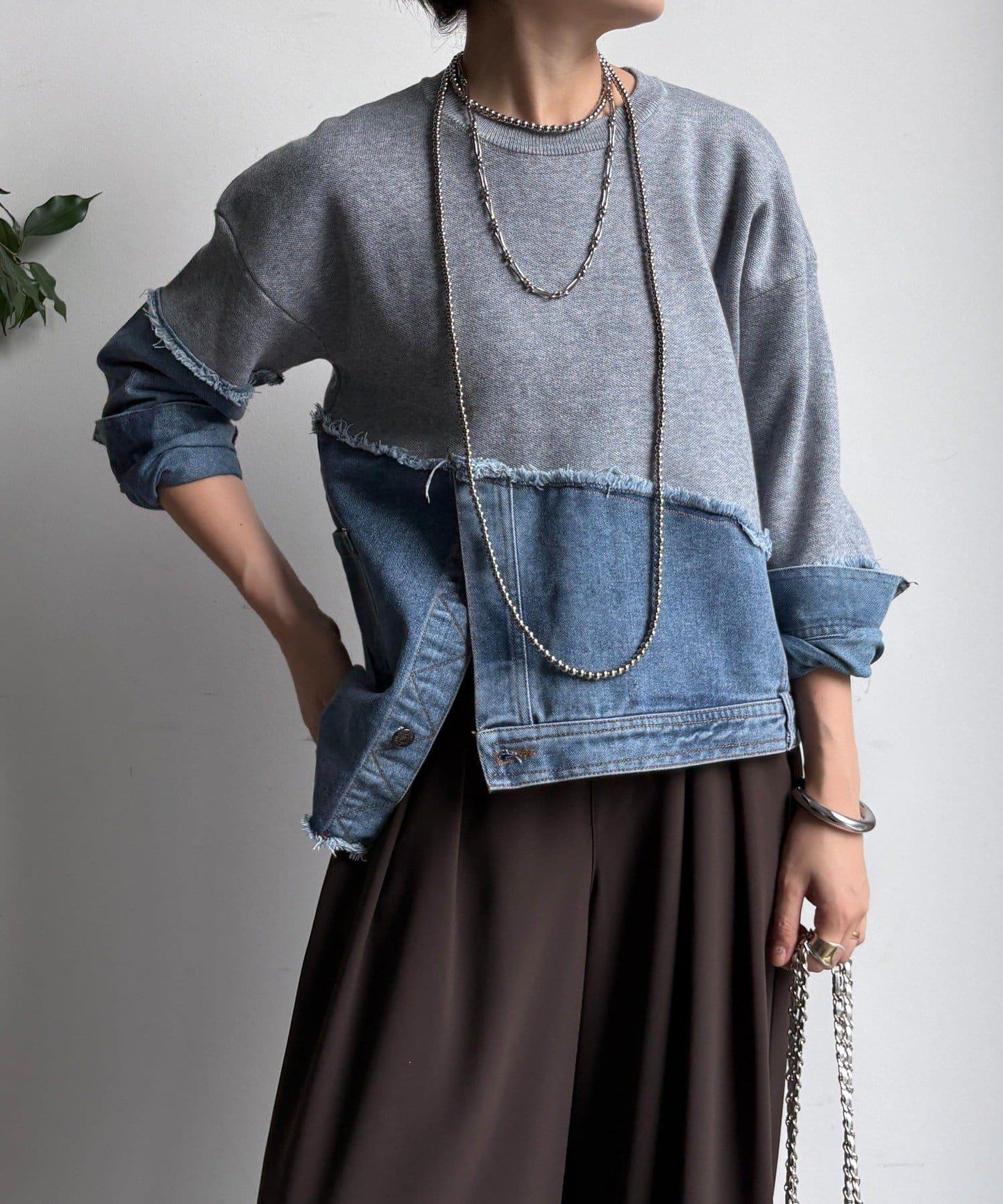 牛仔拼接針織套頭衫