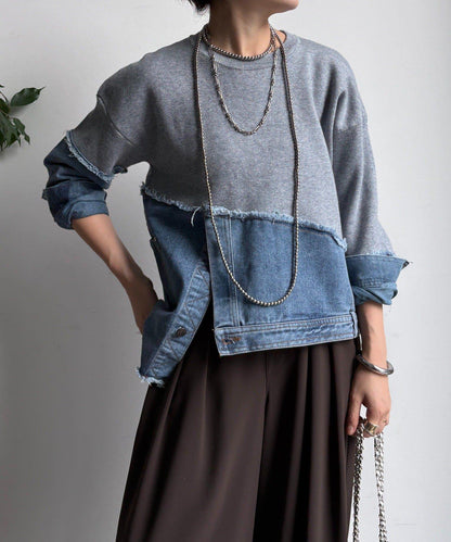 牛仔拼接針織套頭衫