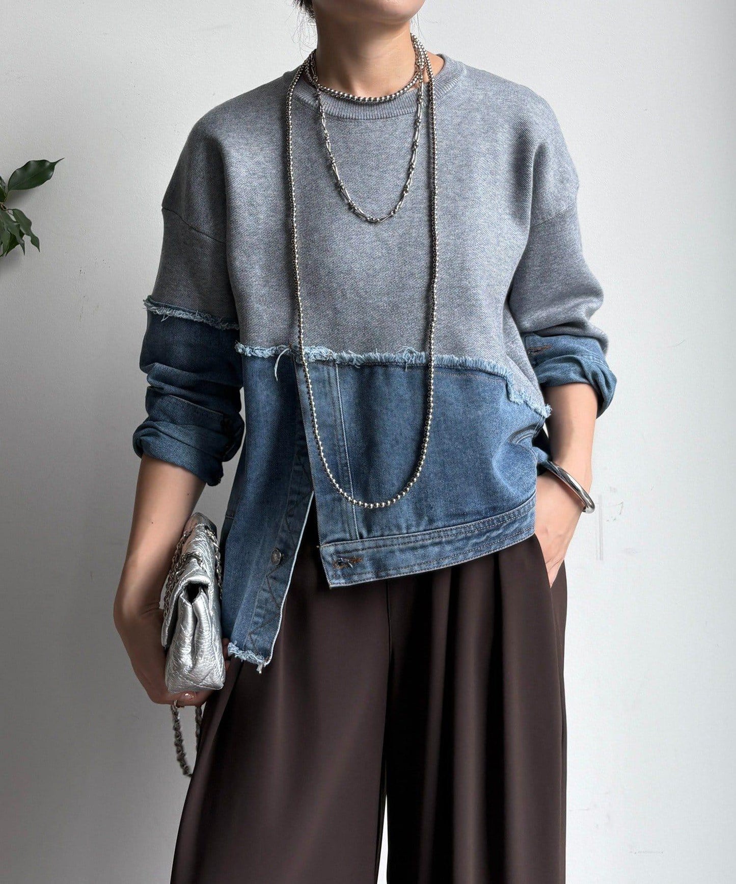 牛仔拼接針織套頭衫