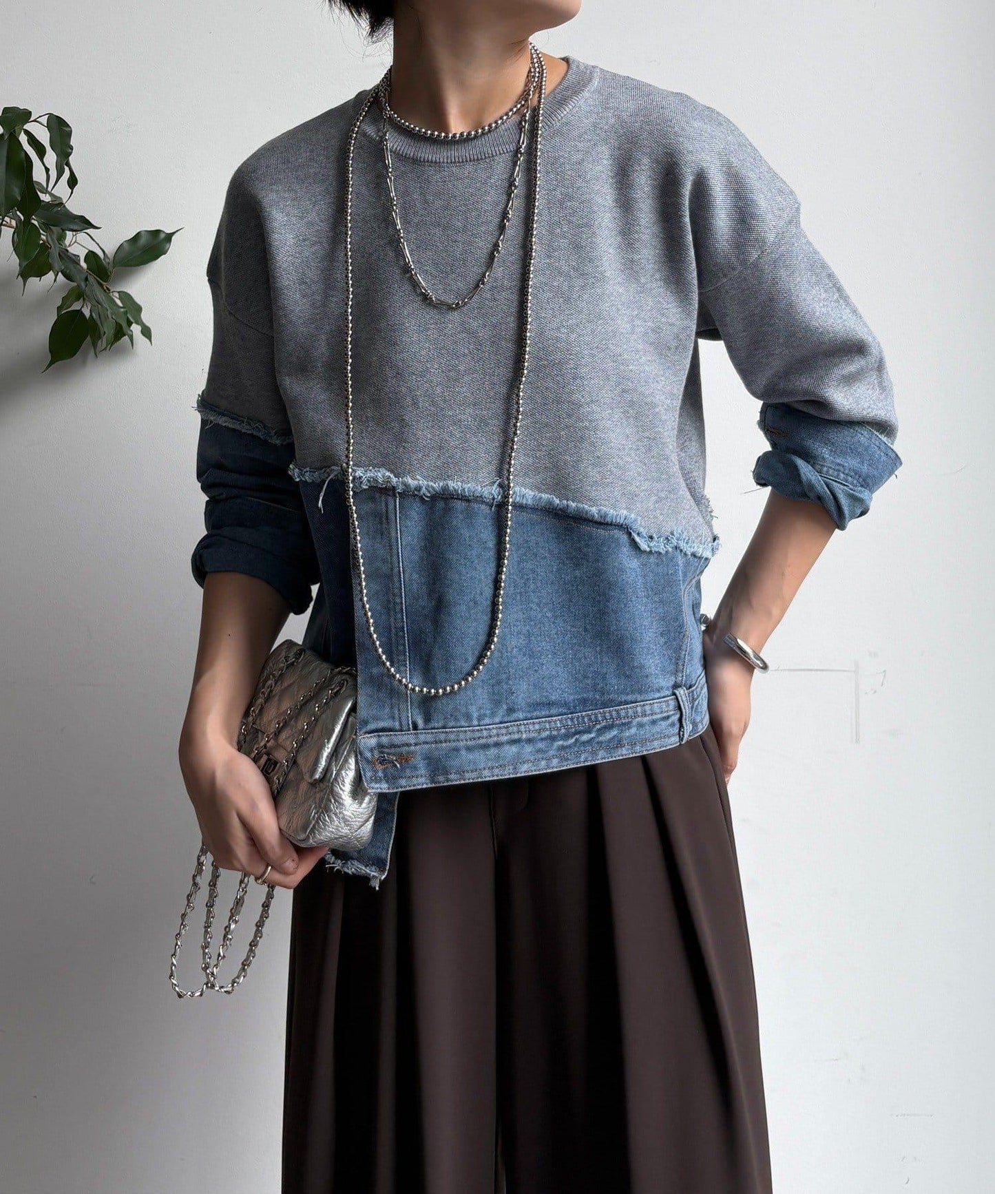 牛仔拼接針織套頭衫