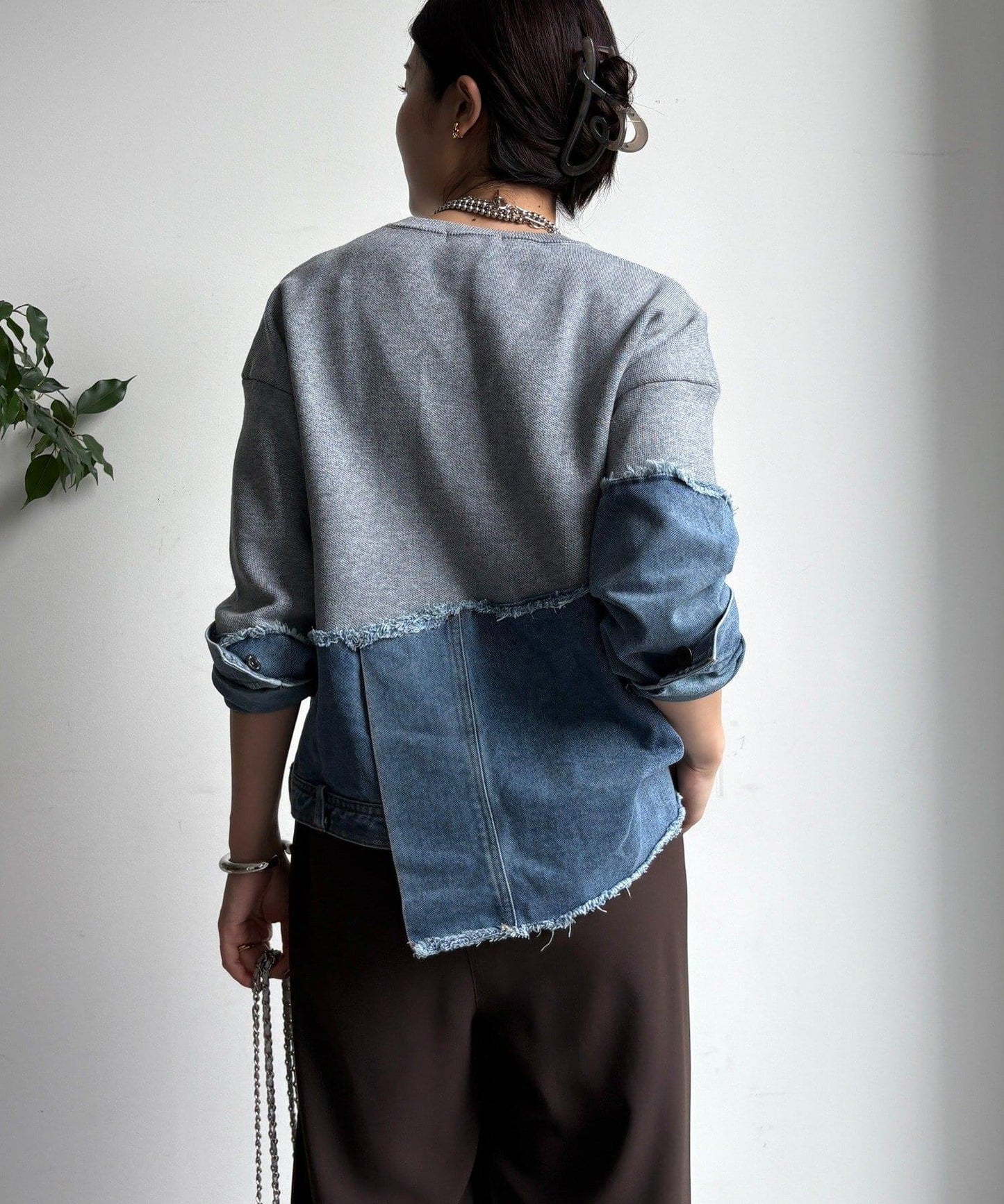 牛仔拼接針織套頭衫