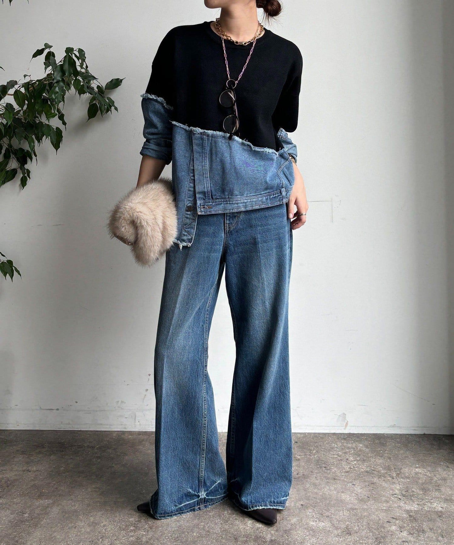 牛仔拼接針織套頭衫