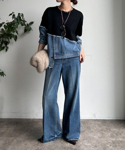 牛仔拼接針織套頭衫