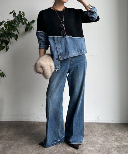 牛仔拼接針織套頭衫