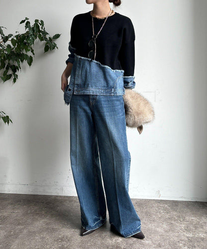 牛仔拼接針織套頭衫