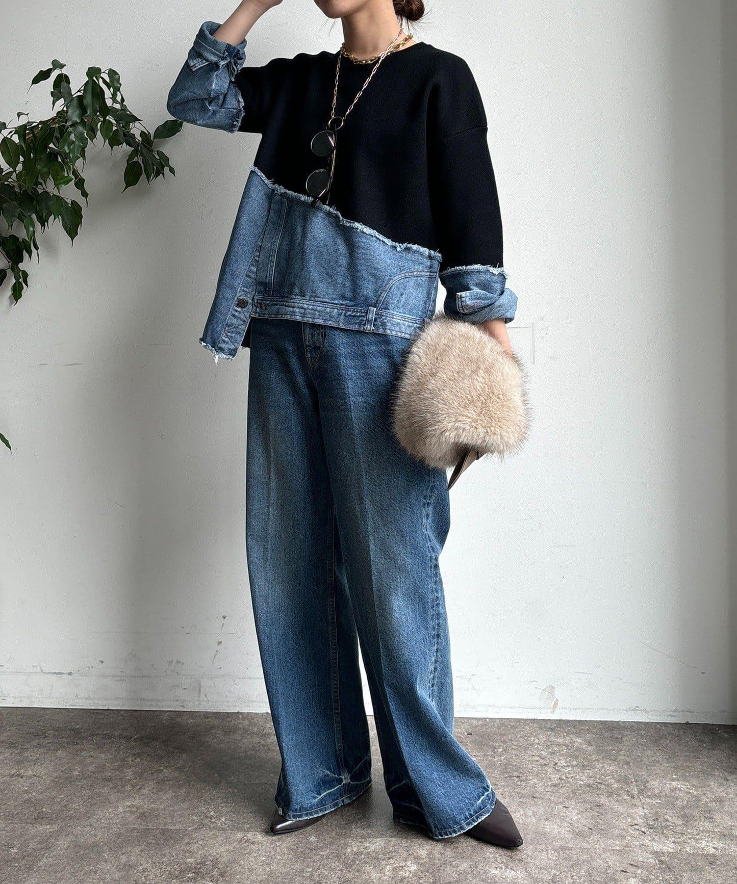 牛仔拼接針織套頭衫