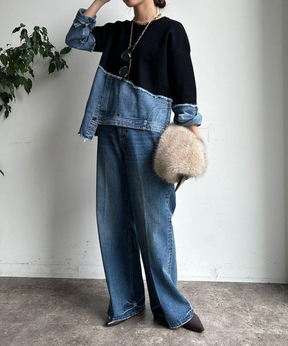 牛仔拼接針織套頭衫