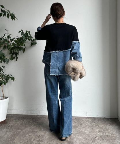 牛仔拼接針織套頭衫