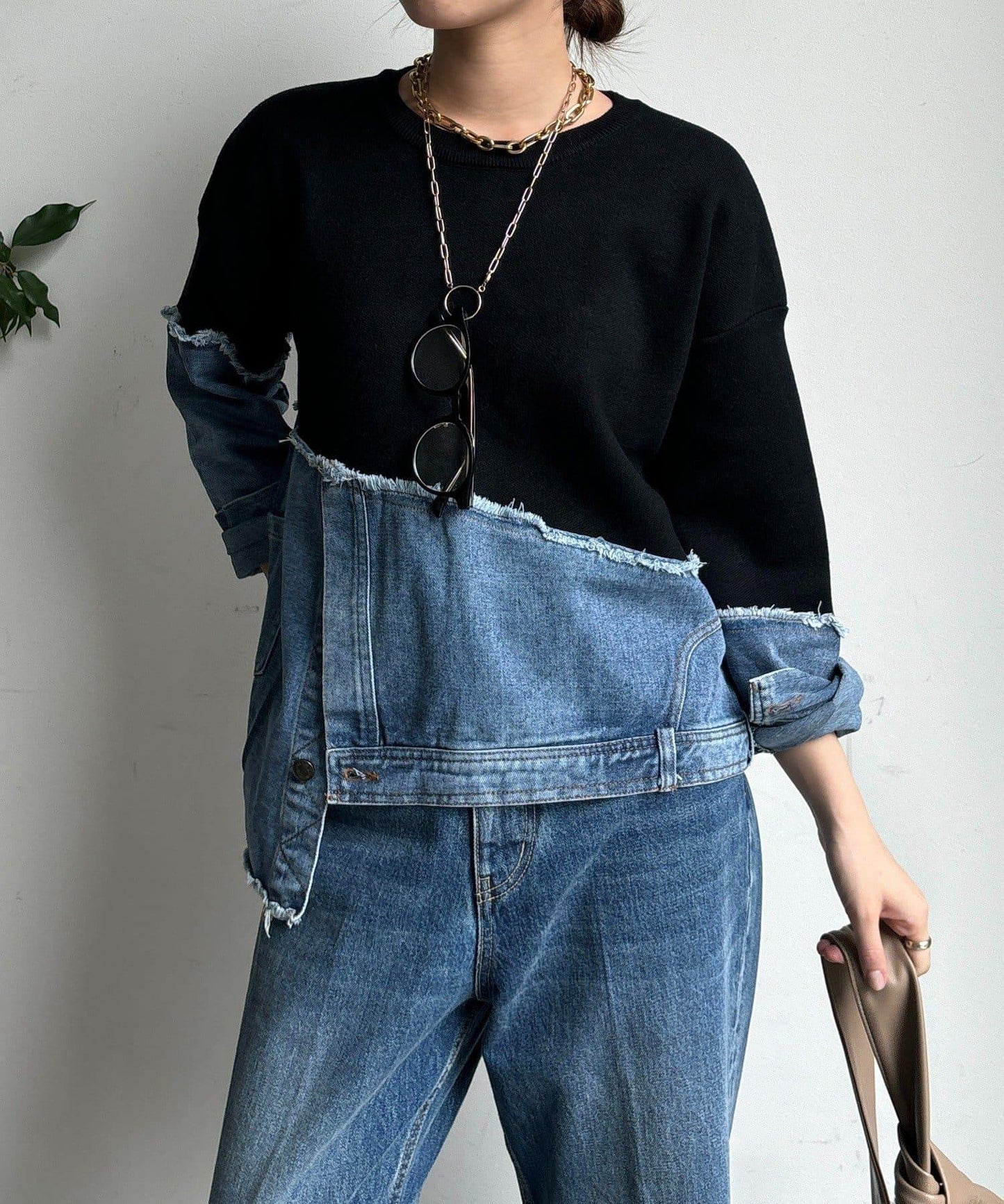 牛仔拼接針織套頭衫