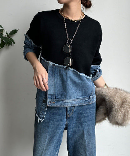 牛仔拼接針織套頭衫