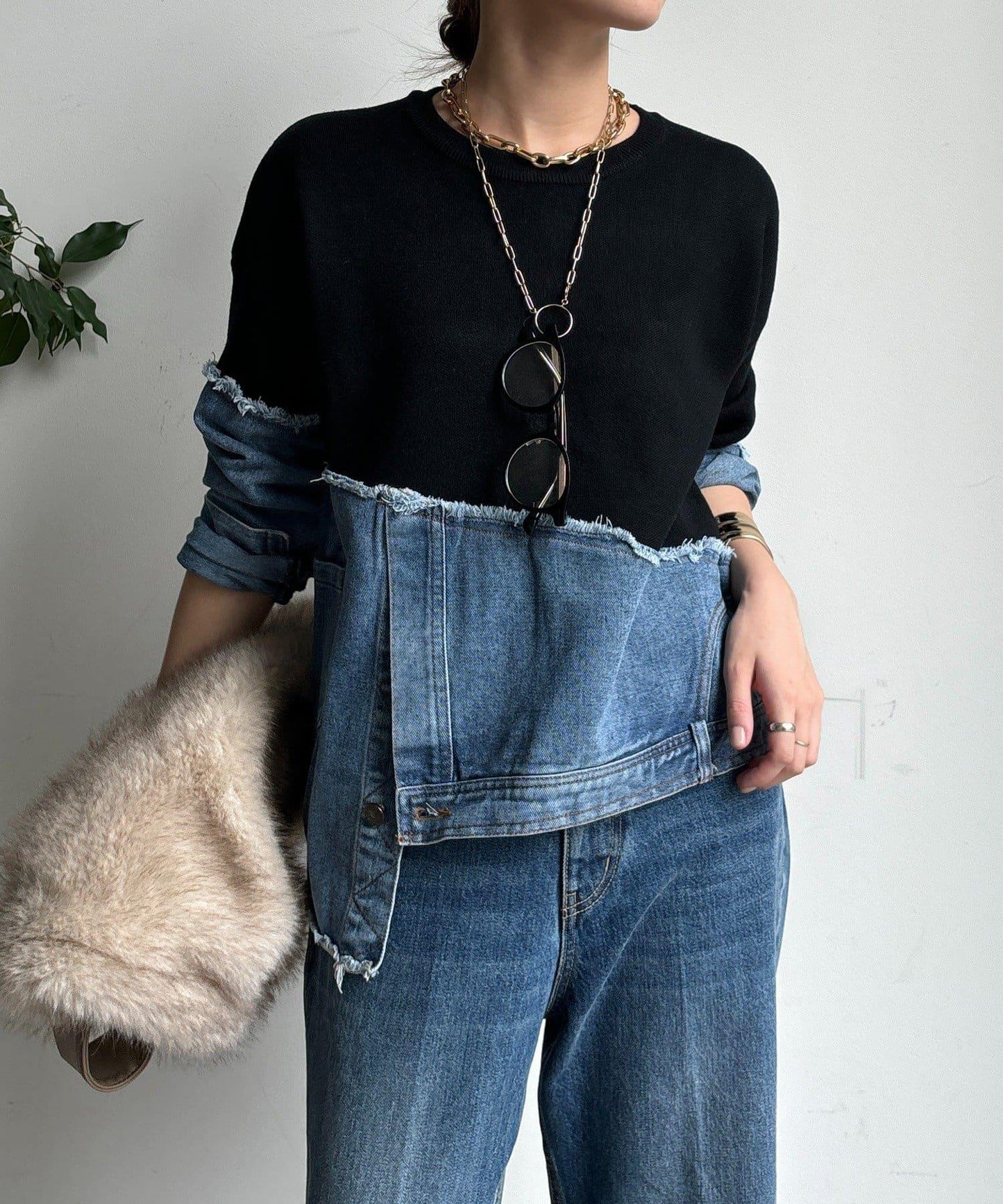 牛仔拼接針織套頭衫