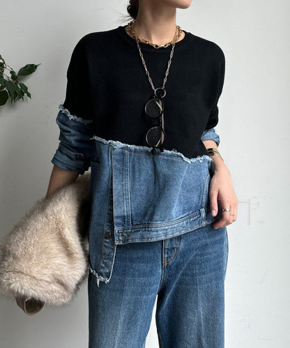 牛仔拼接針織套頭衫